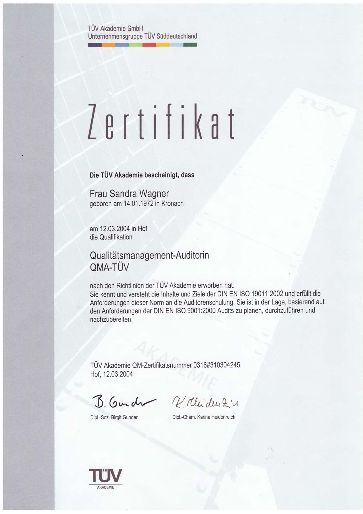 Zertifikat zur Auditorin für Qualitätsmanagementsysteme DIN ISO 9001