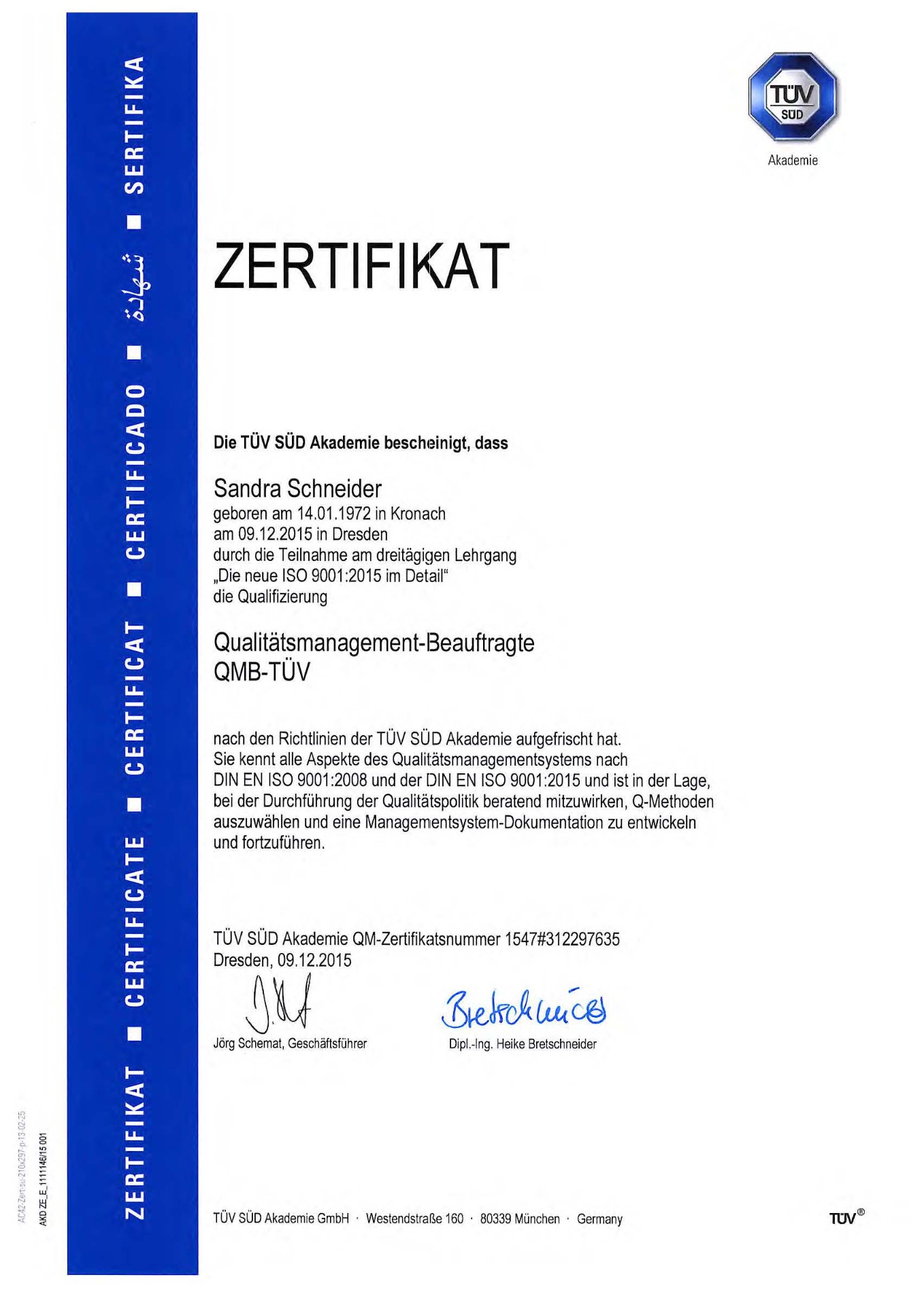 Zertifikat zur Beauftragten für Qualitätsmanagement nach DIN ISO 9001